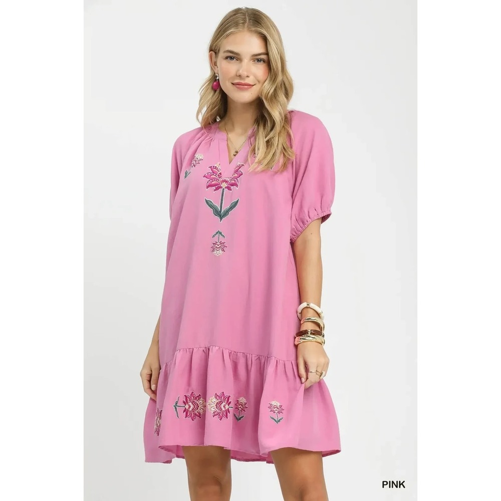 Umgee Embroidered Floral Babydoll Dress - Pink - Medium